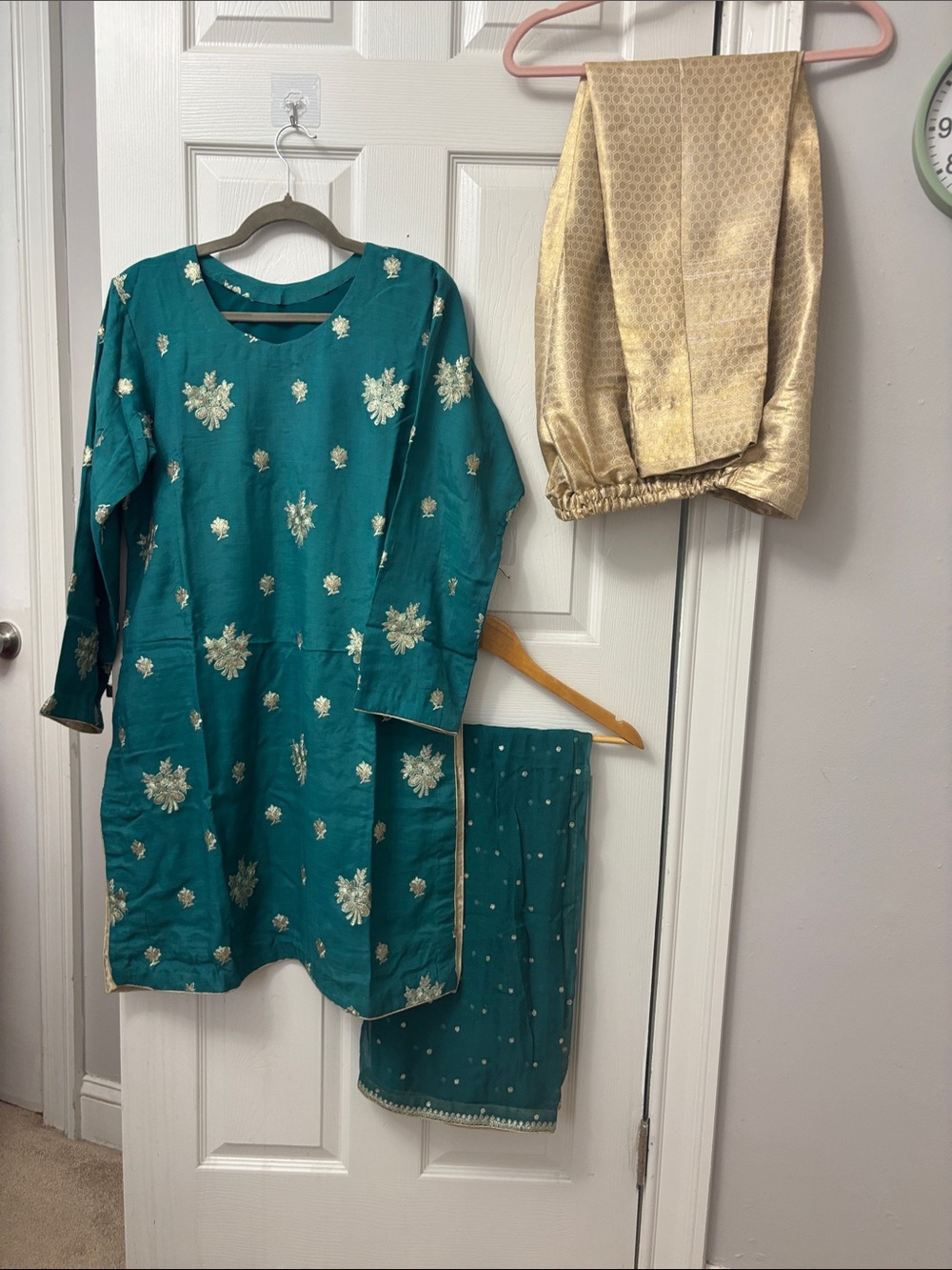 Teal Embroidered Salwar Kameez with Gold Dupatta
